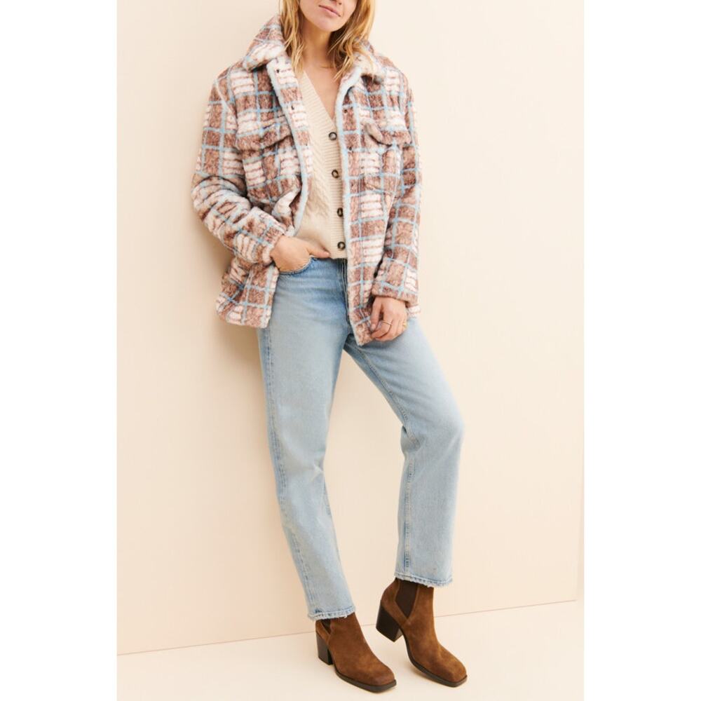 NWT FREE PEOPLE Hutch Plaid Faux Fur Shirt Jacket $280 XS Brown, Blue, White